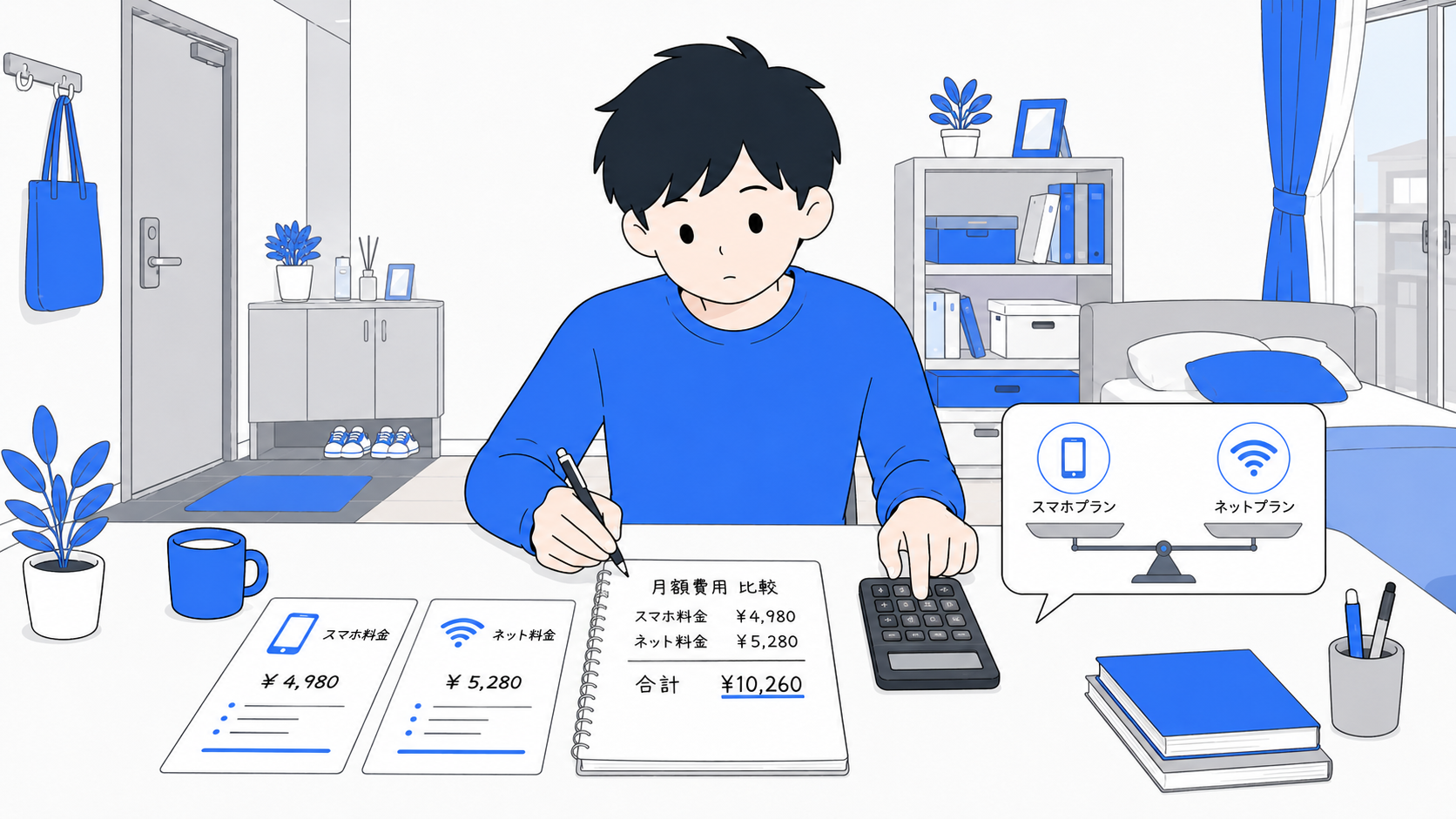 電卓で通信費の合計を計算している人のイラスト