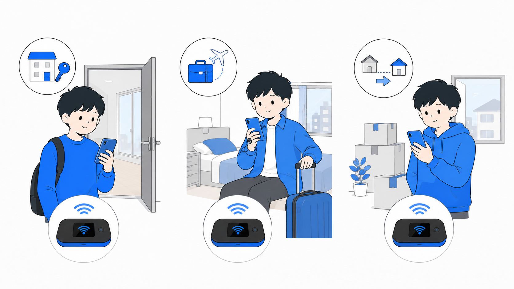 Wi-Fiレンタルが向いている人(入居前・短期滞在・引っ越しの合間)のイラスト