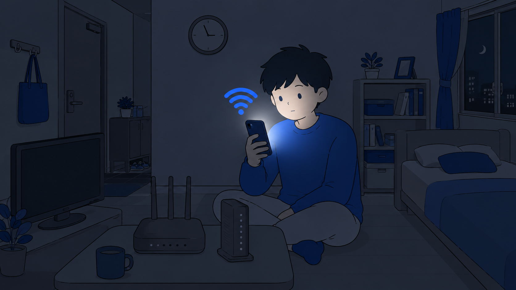 停電した部屋でスマホの明かりを頼りにする人のイラスト