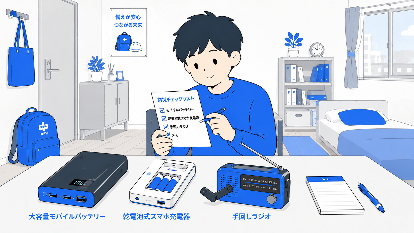 モバイルバッテリーと防災グッズを準備する人のイラスト