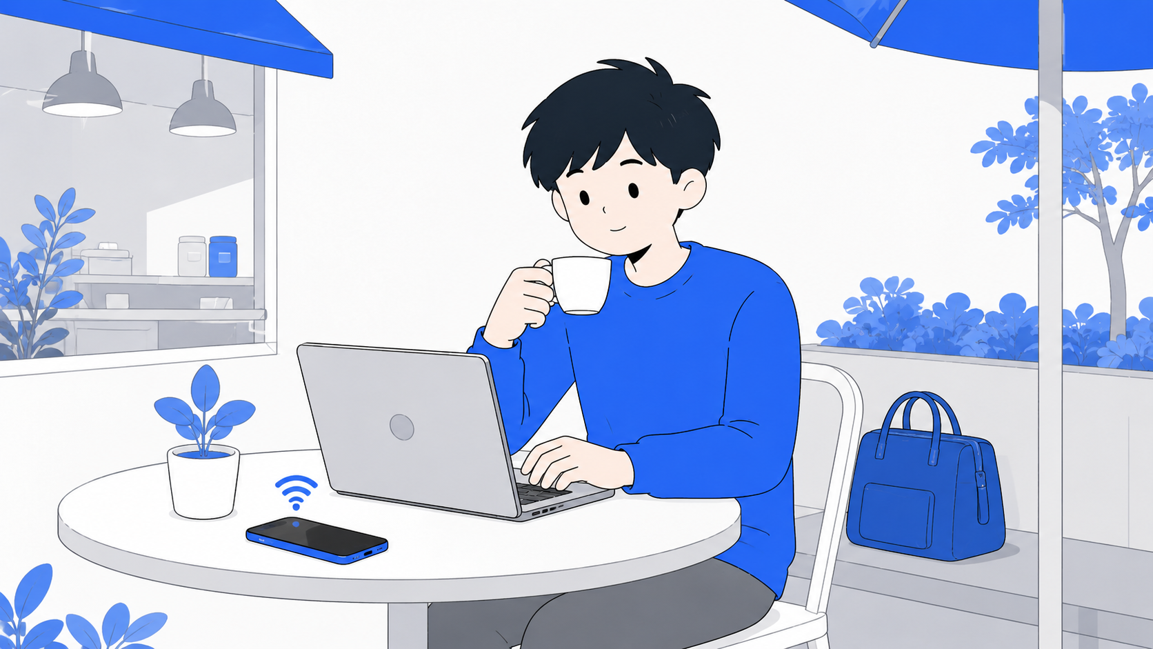 テザリングで足りる人（外出先でたまにPCを使う軽い使い方）のイラスト