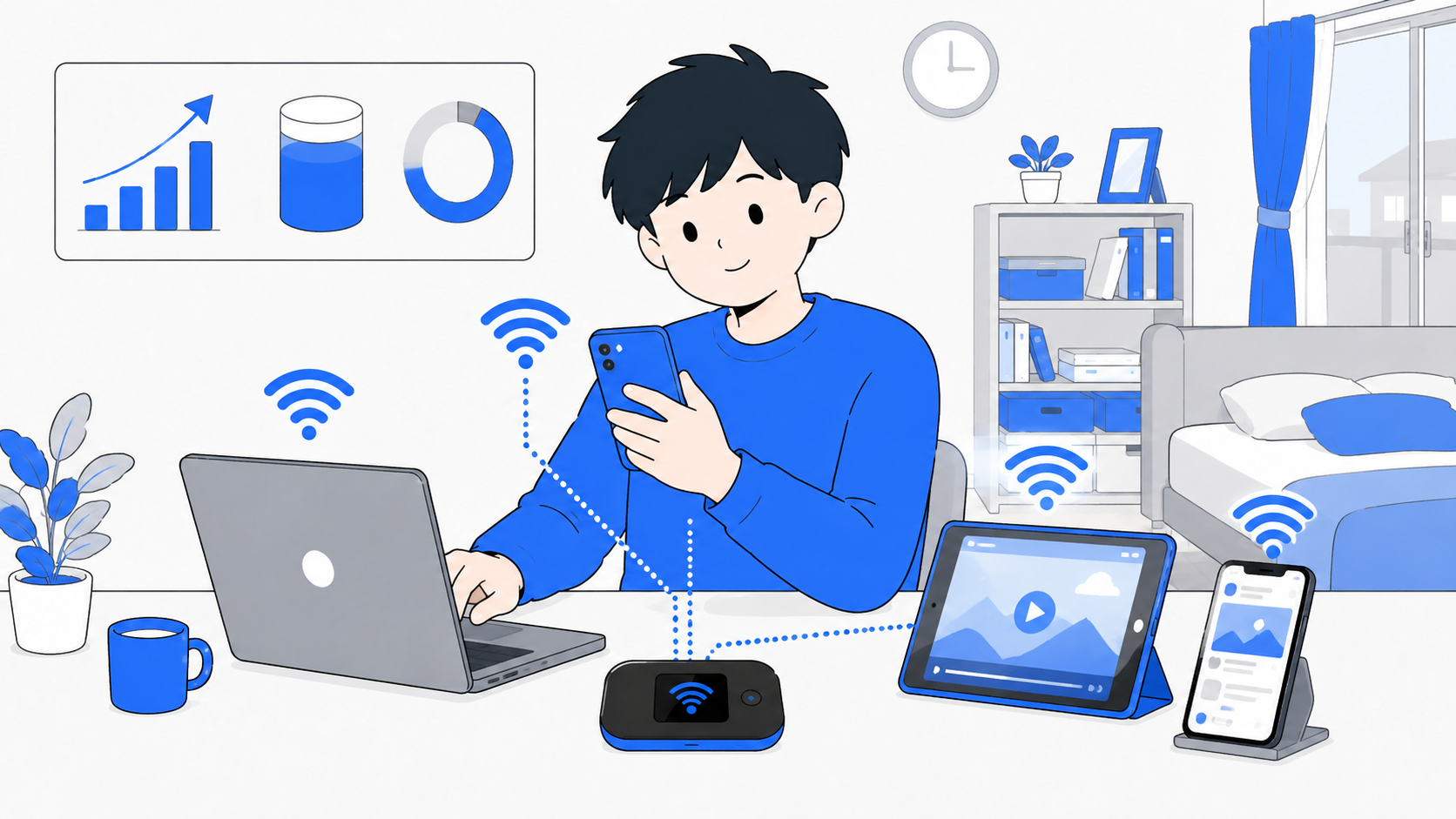 ポケット型Wi-Fiが得な人（毎日たくさん使う・複数端末をつなぐ）のイラスト