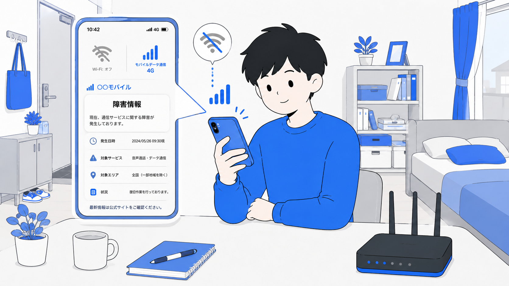 モバイル回線で障害情報を調べる人のイラスト