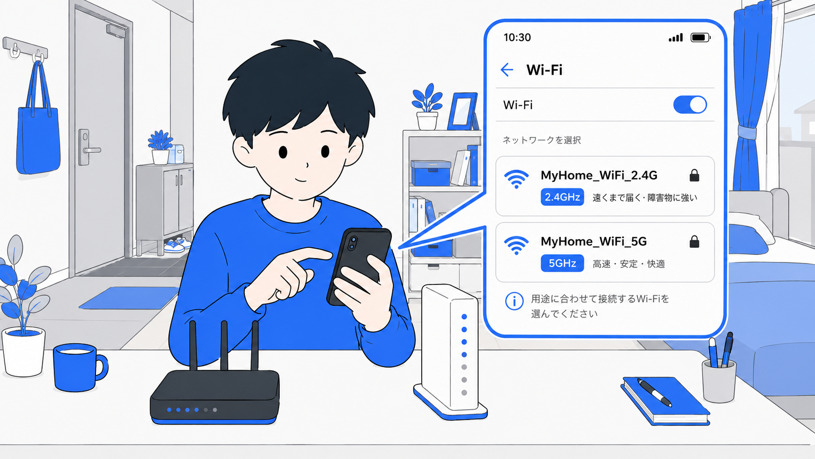 スマホのWi-Fi選択画面で2.4GHzと5GHzが並ぶイラスト