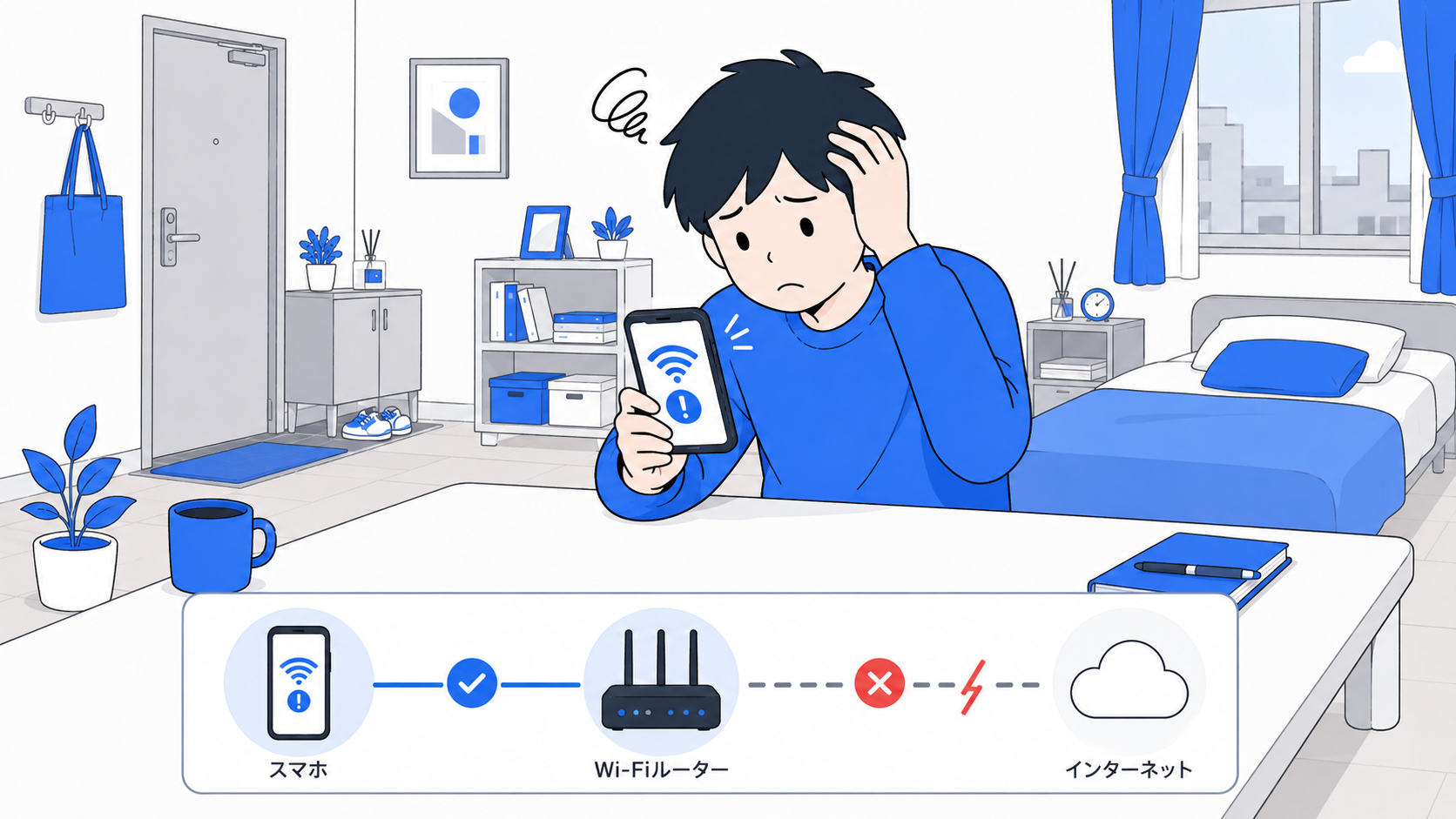 スマホのWi-Fiアイコンにビックリマークが出て困っている人のイラスト