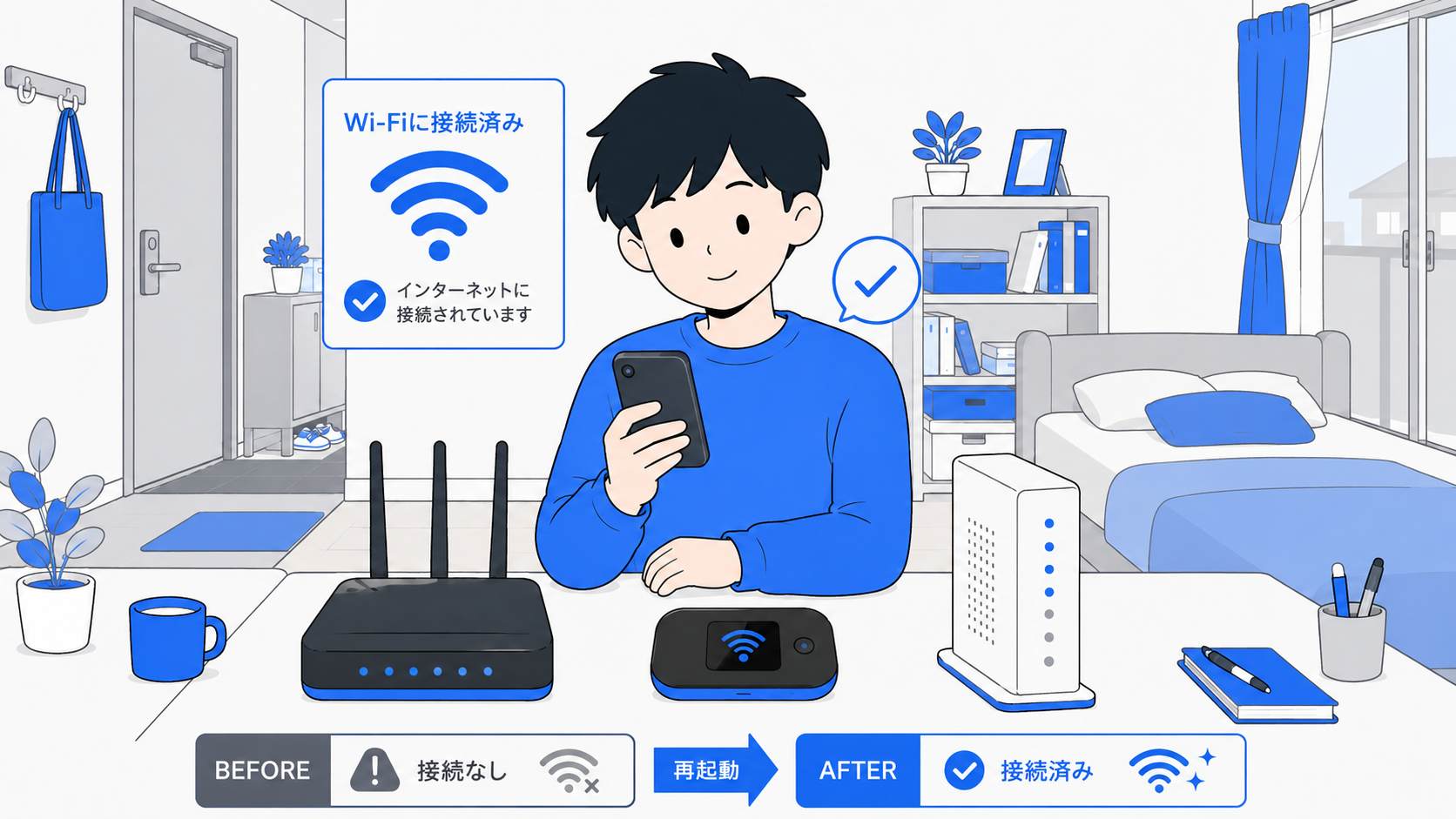 ルーターを再起動して直って安心する人のイラスト