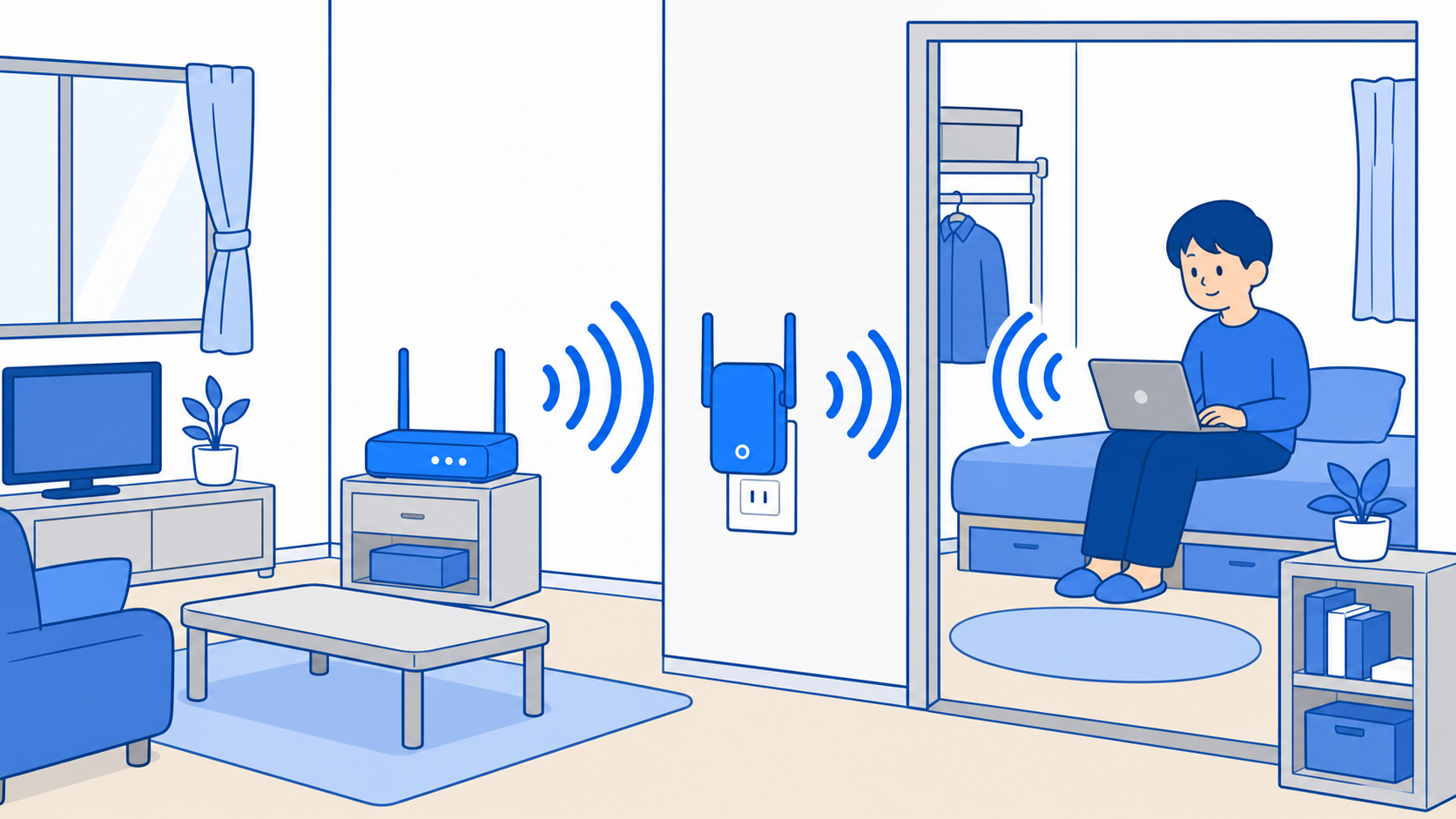 中継機とメッシュWi-Fiの電波の届き方を比べたイラスト
