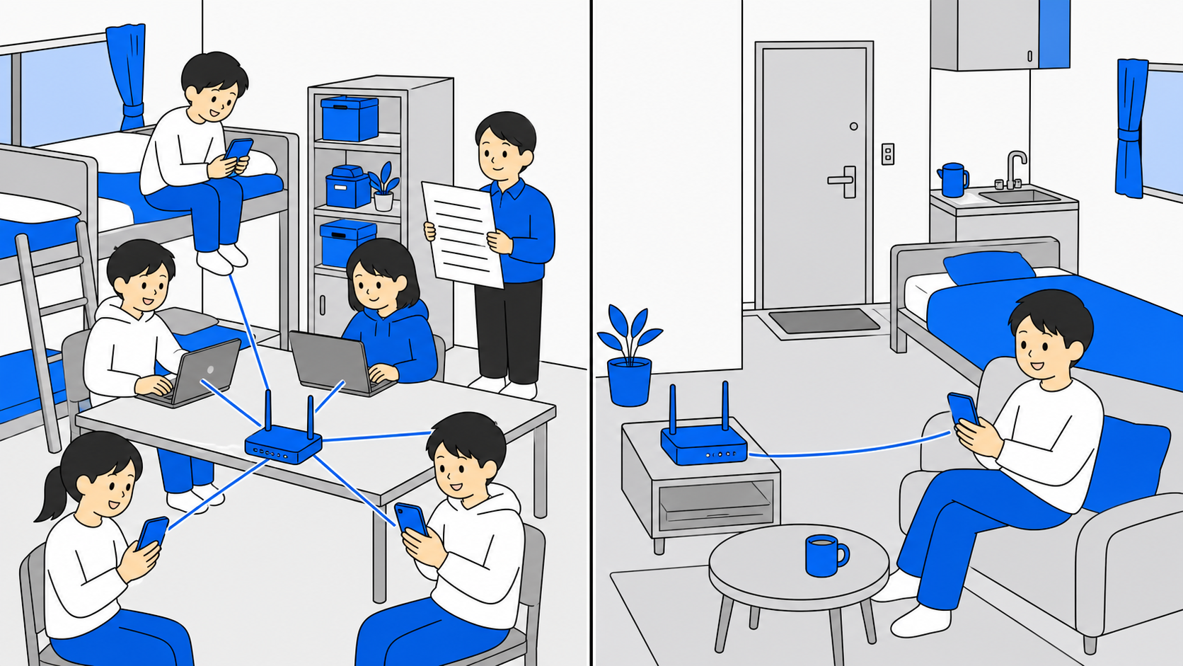 寮や学校の共有Wi-Fiと、自分専用の回線で閲覧履歴の見え方が変わることを示すイラスト