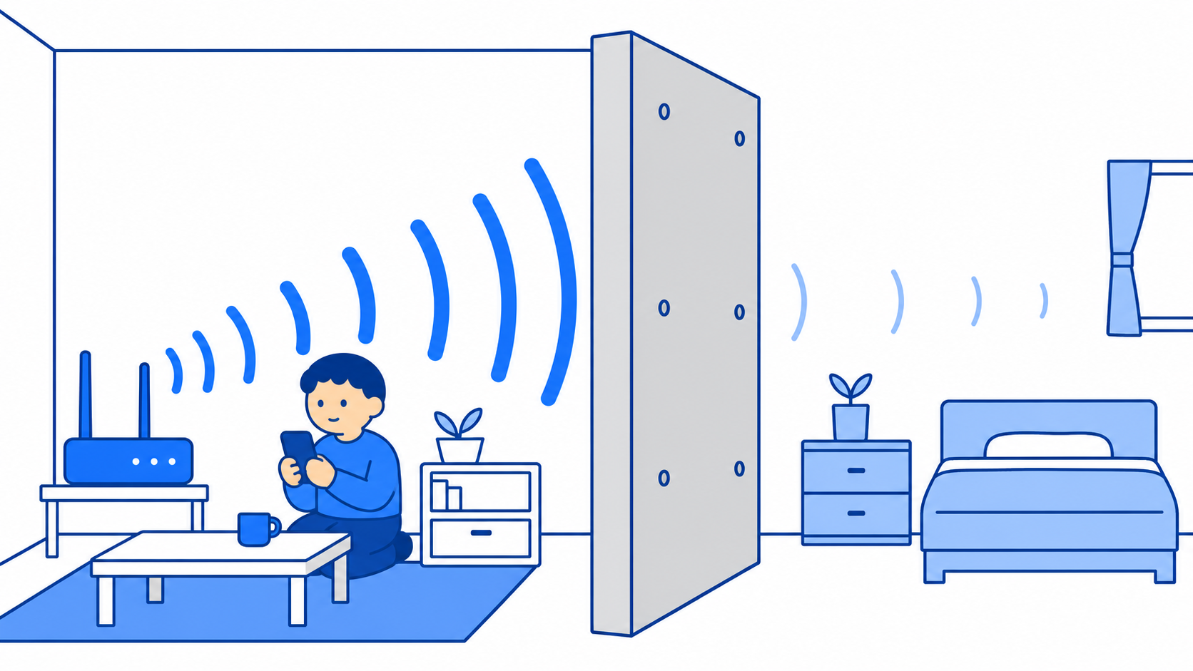 Wi-Fiの電波が壁でさえぎられるイメージのイラスト