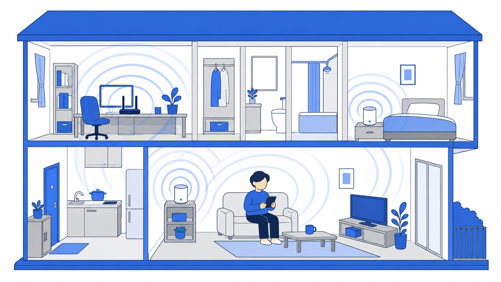 中継機やメッシュWi-Fiで電波を広げるイメージのイラスト