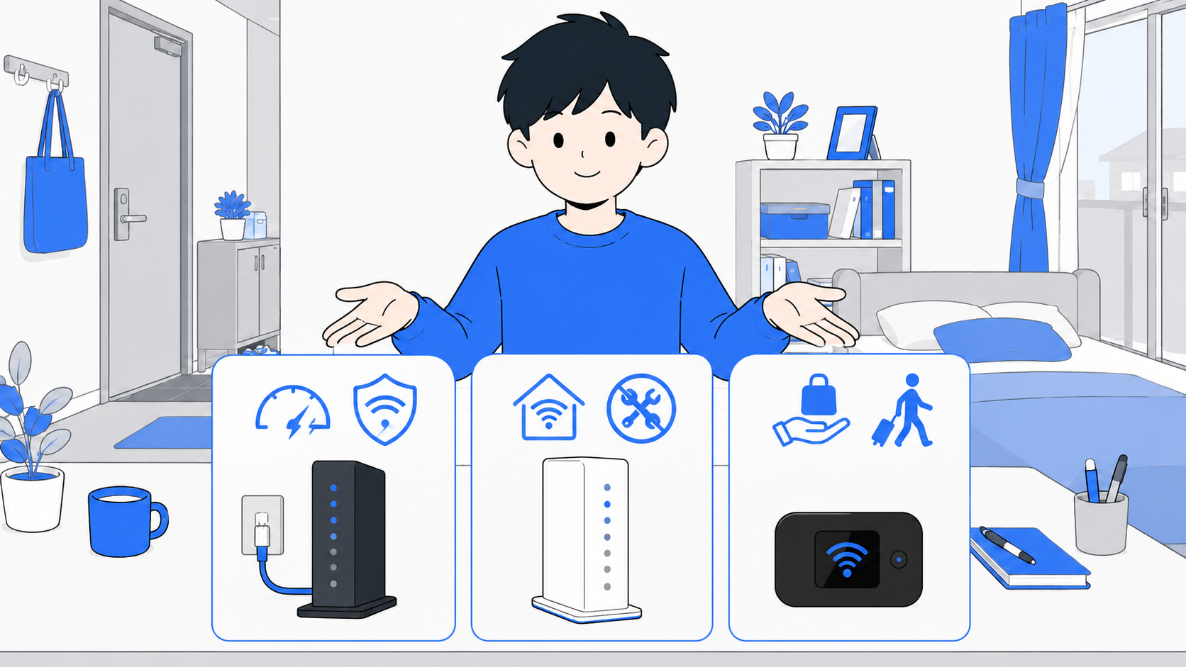 光回線・ホームルーター・ポケット型Wi-Fiの3種類を比べるイラスト
