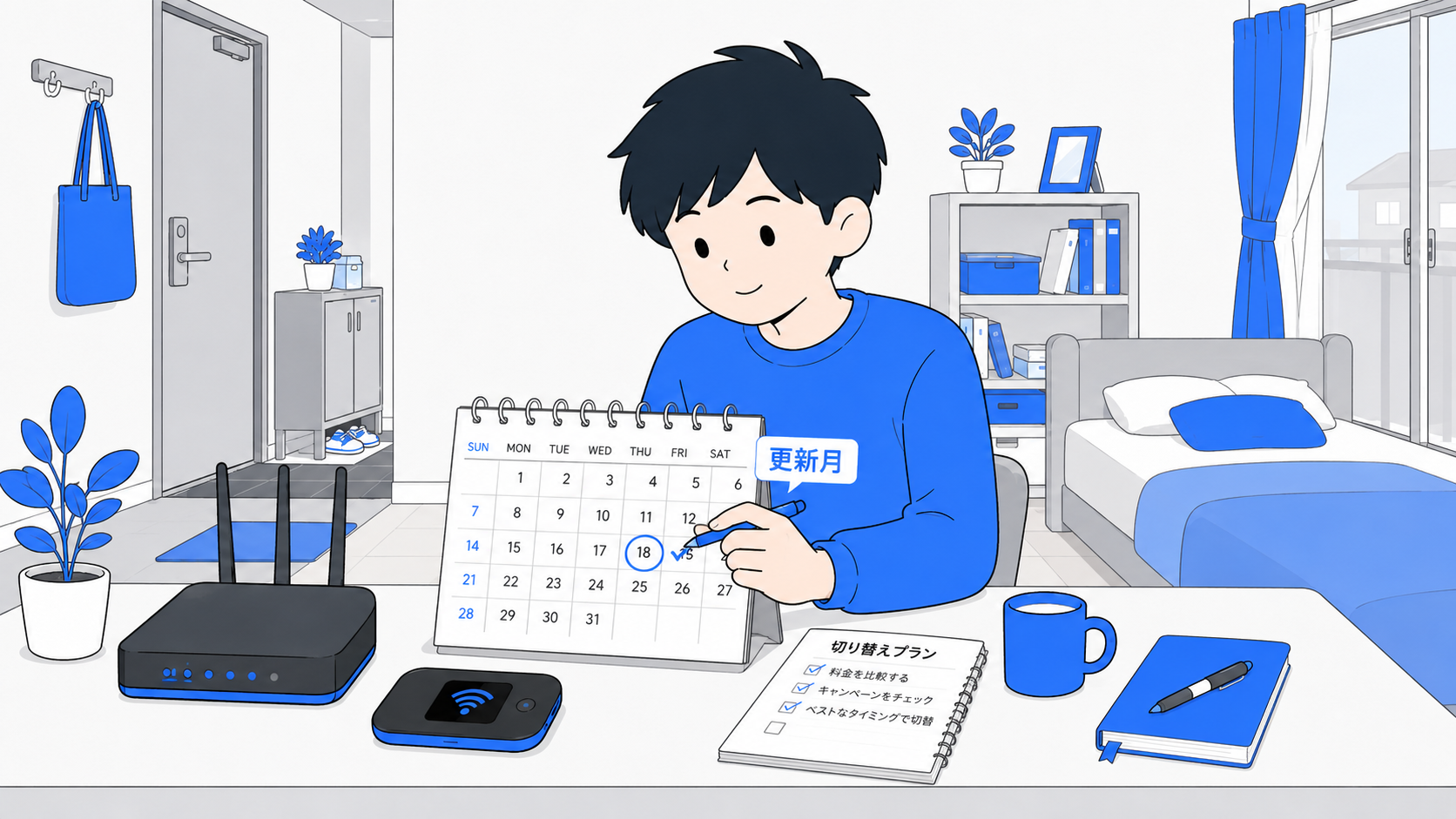 カレンダーで更新月と乗り換えタイミングを確認するイラスト