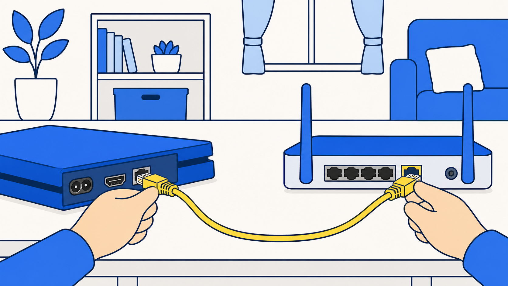 ゲーム機を有線LANでつなぐイメージのイラスト