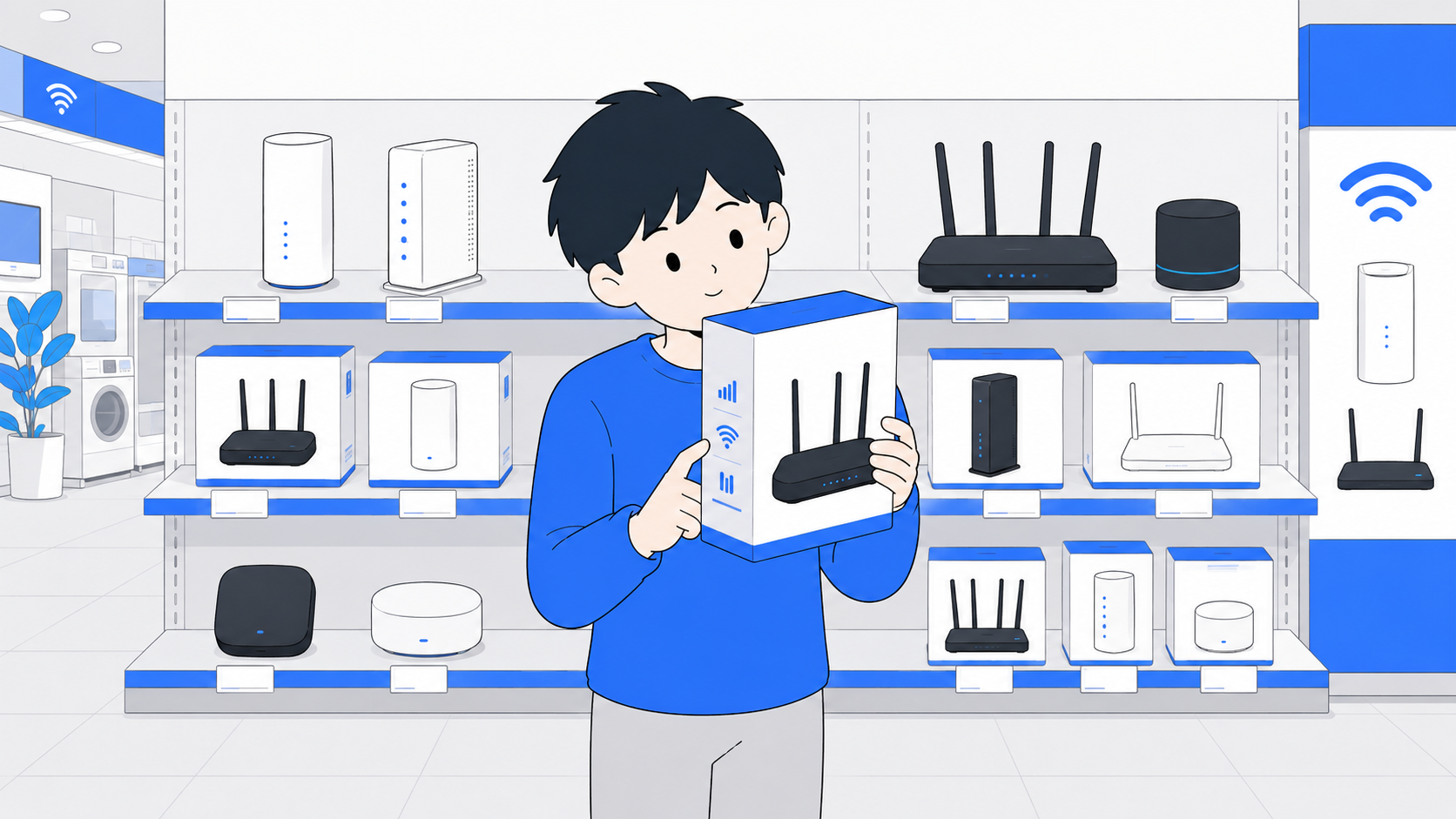 家電量販店でWi-Fiルーターを選ぶ一人暮らしのイラスト