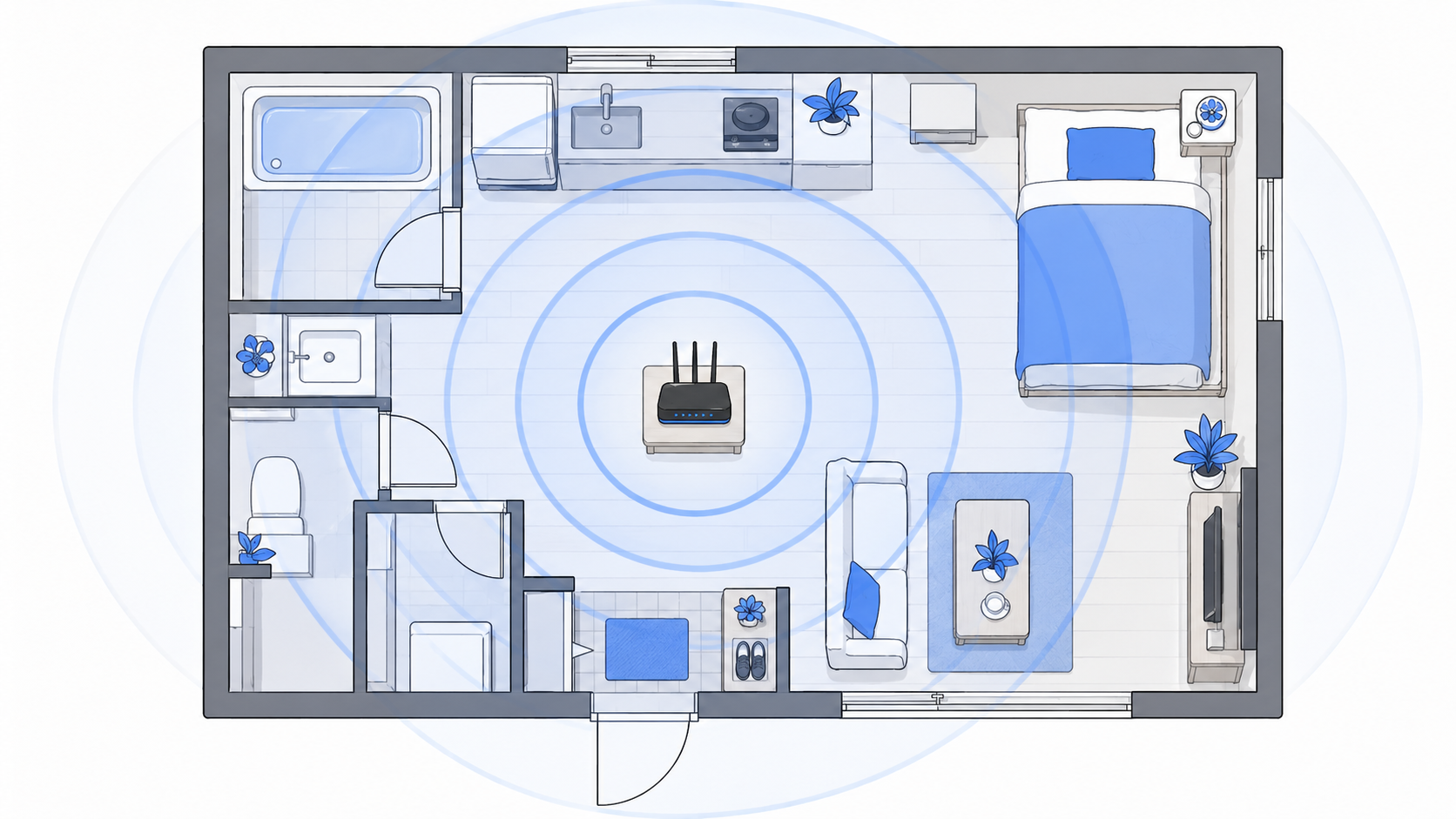 間取りに合ったルーターの電波範囲を示すイラスト