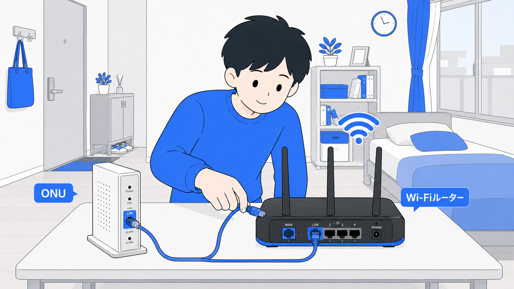 Wi-Fiルーターにケーブルを繋いでいる人のイラスト