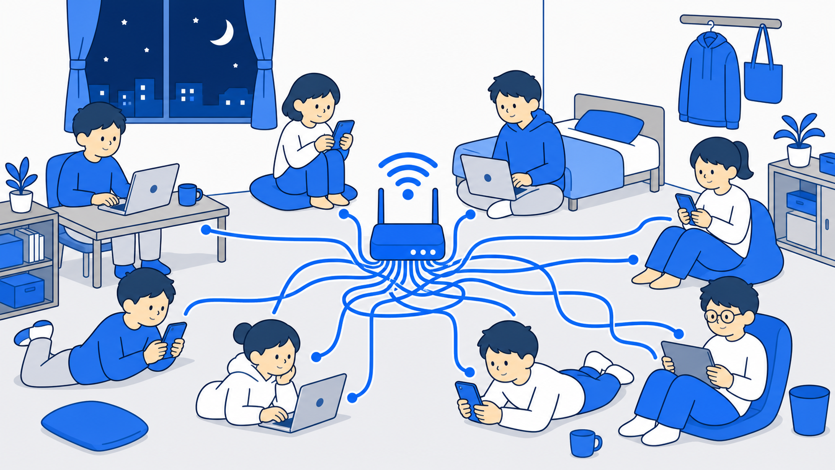 夜の時間帯に通信が混雑するイメージのイラスト