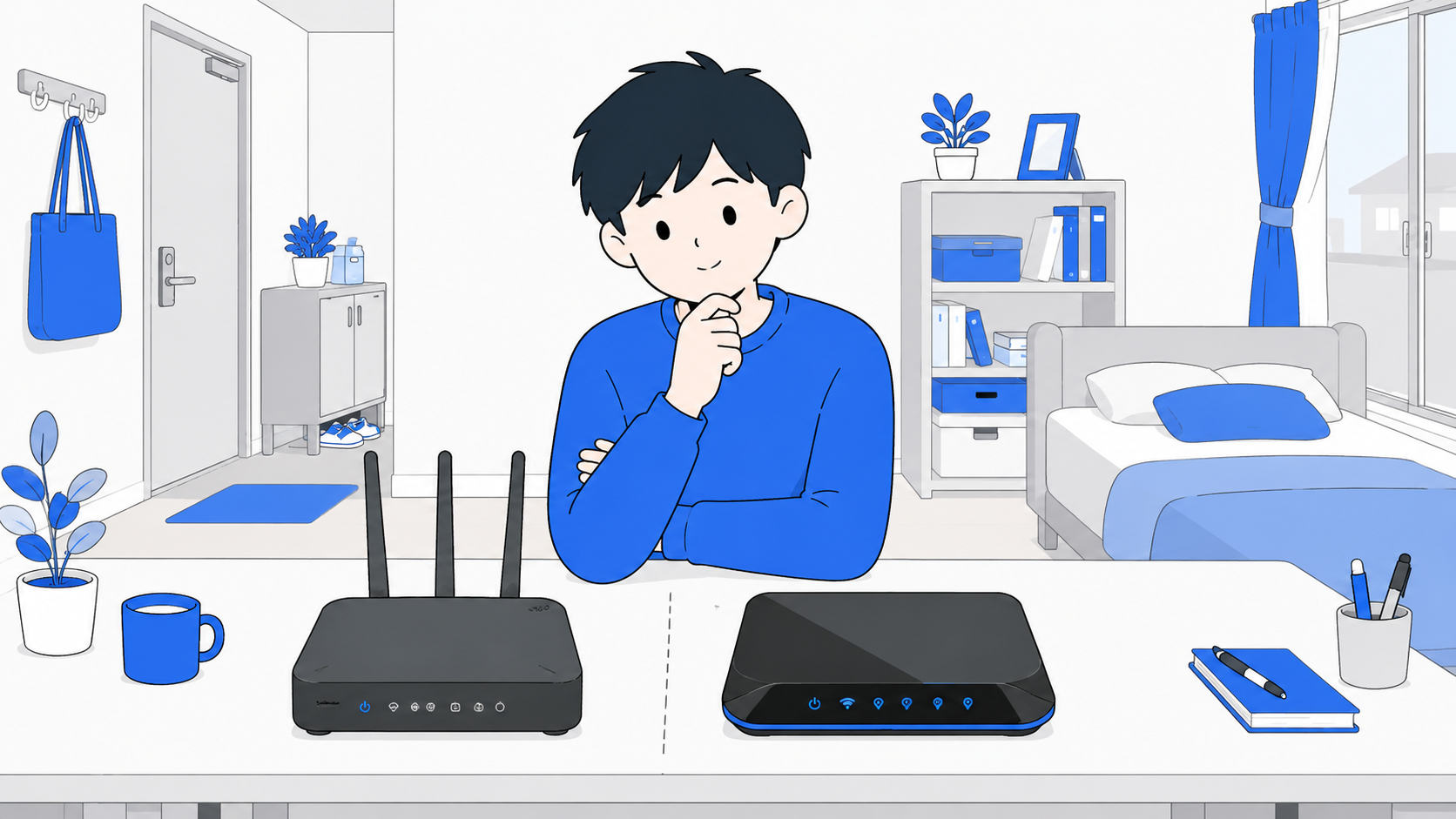 新旧のWi-Fiルーターを並べて比較するイラスト
