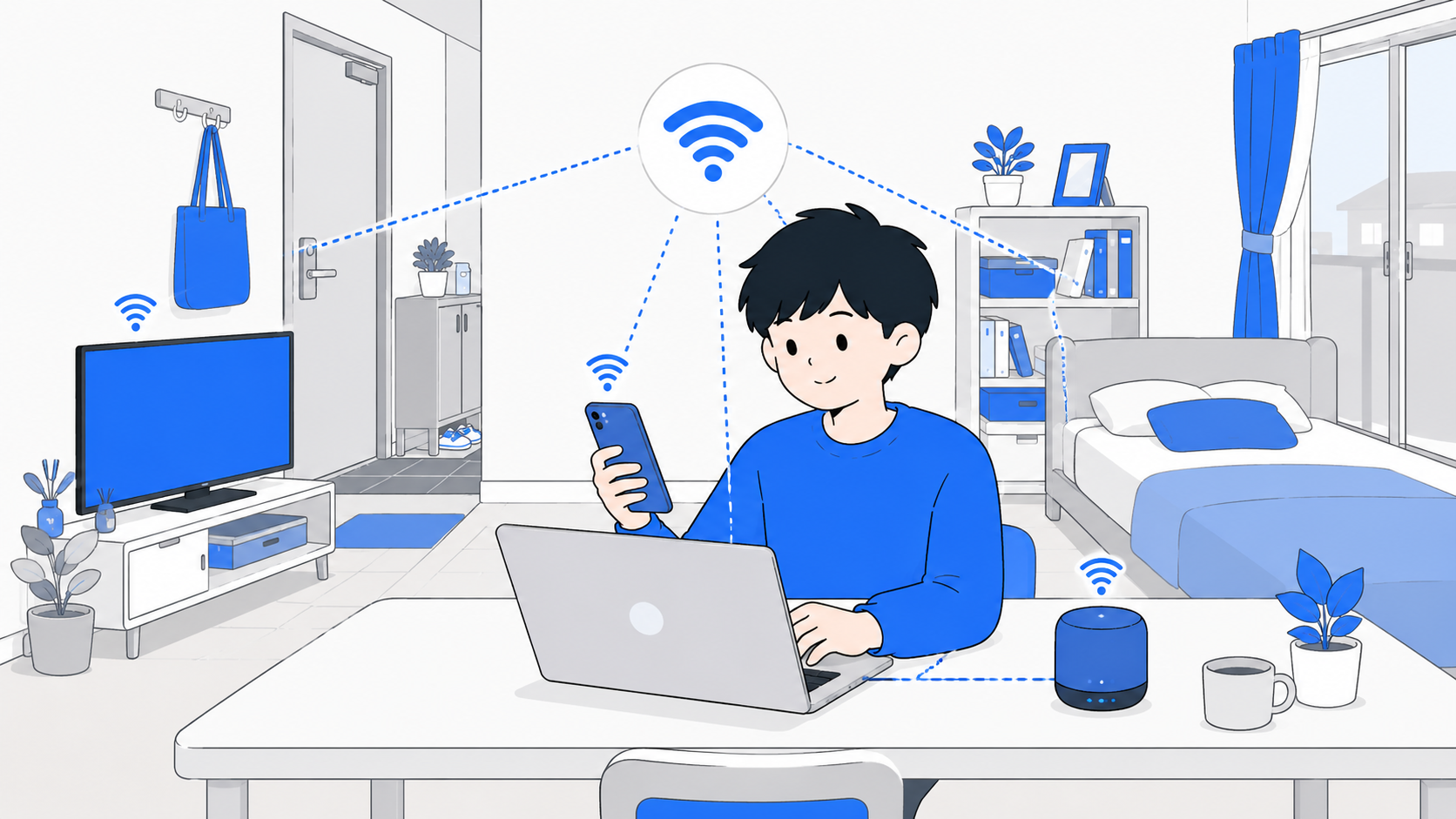 スマホ・パソコン・スピーカーが同時につながる部屋のイラスト