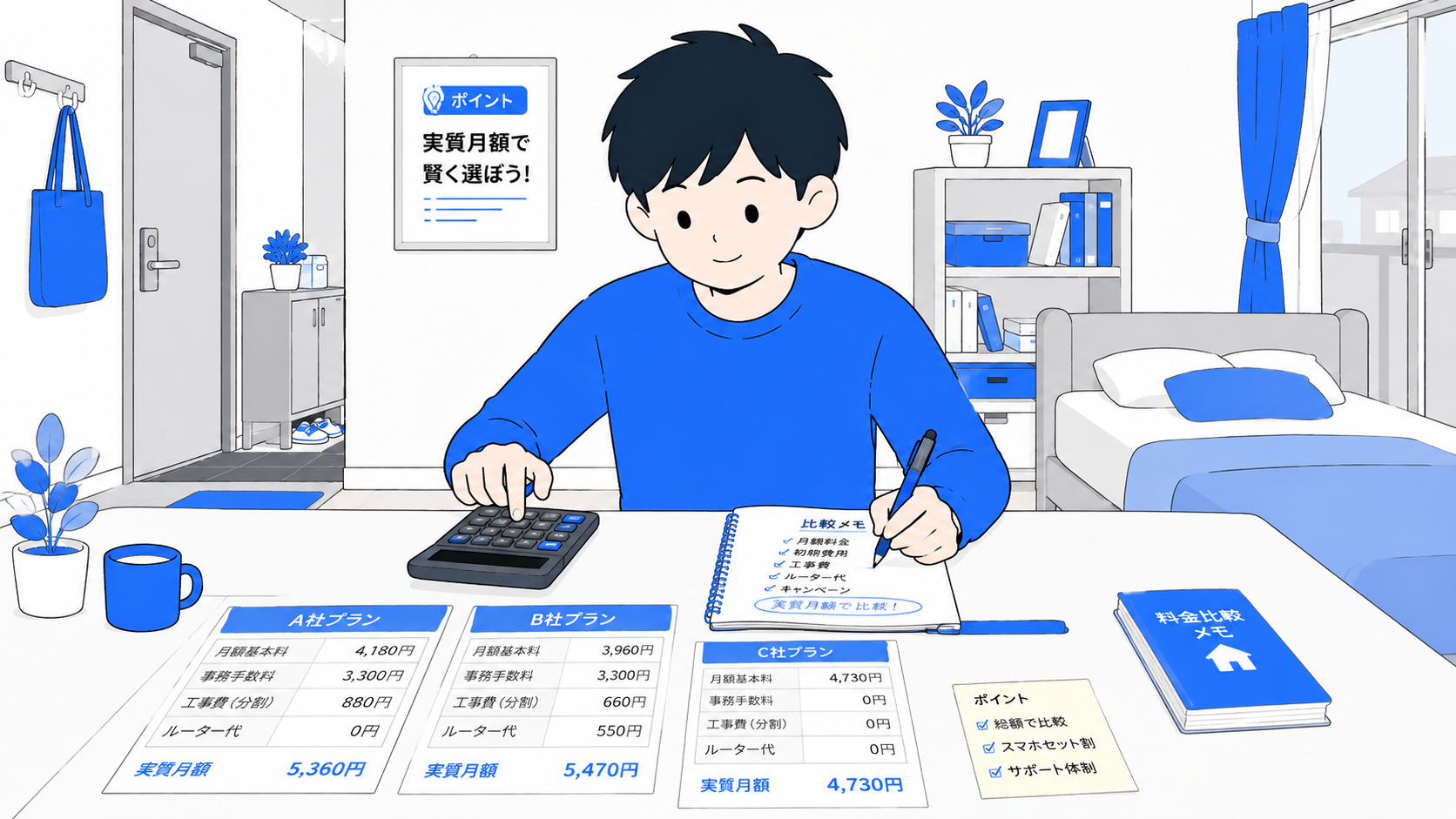 料金表を見比べて計算している人のイラスト