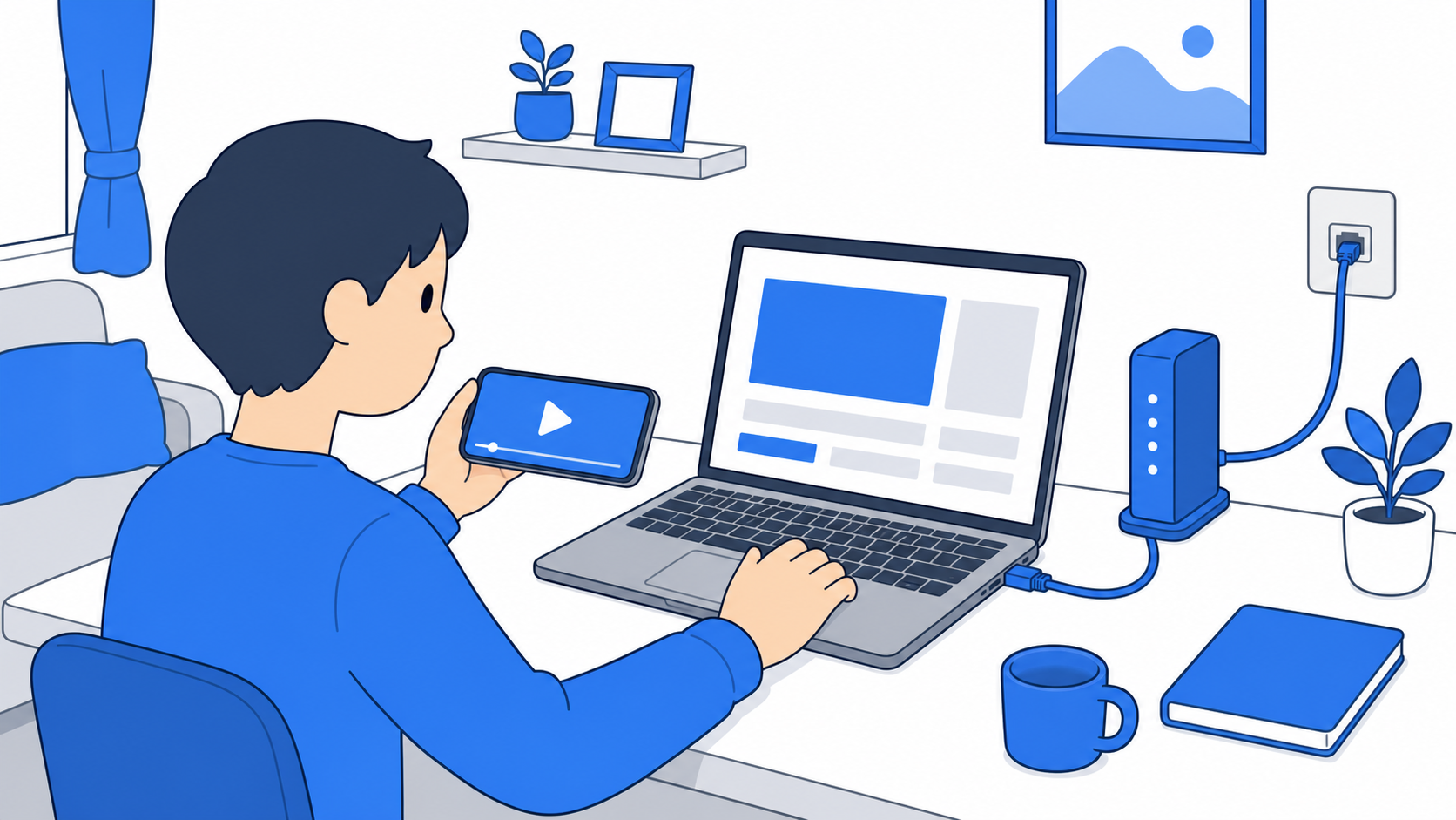 Wi-Fiと有線を使い分けてデータを節約するイメージのイラスト