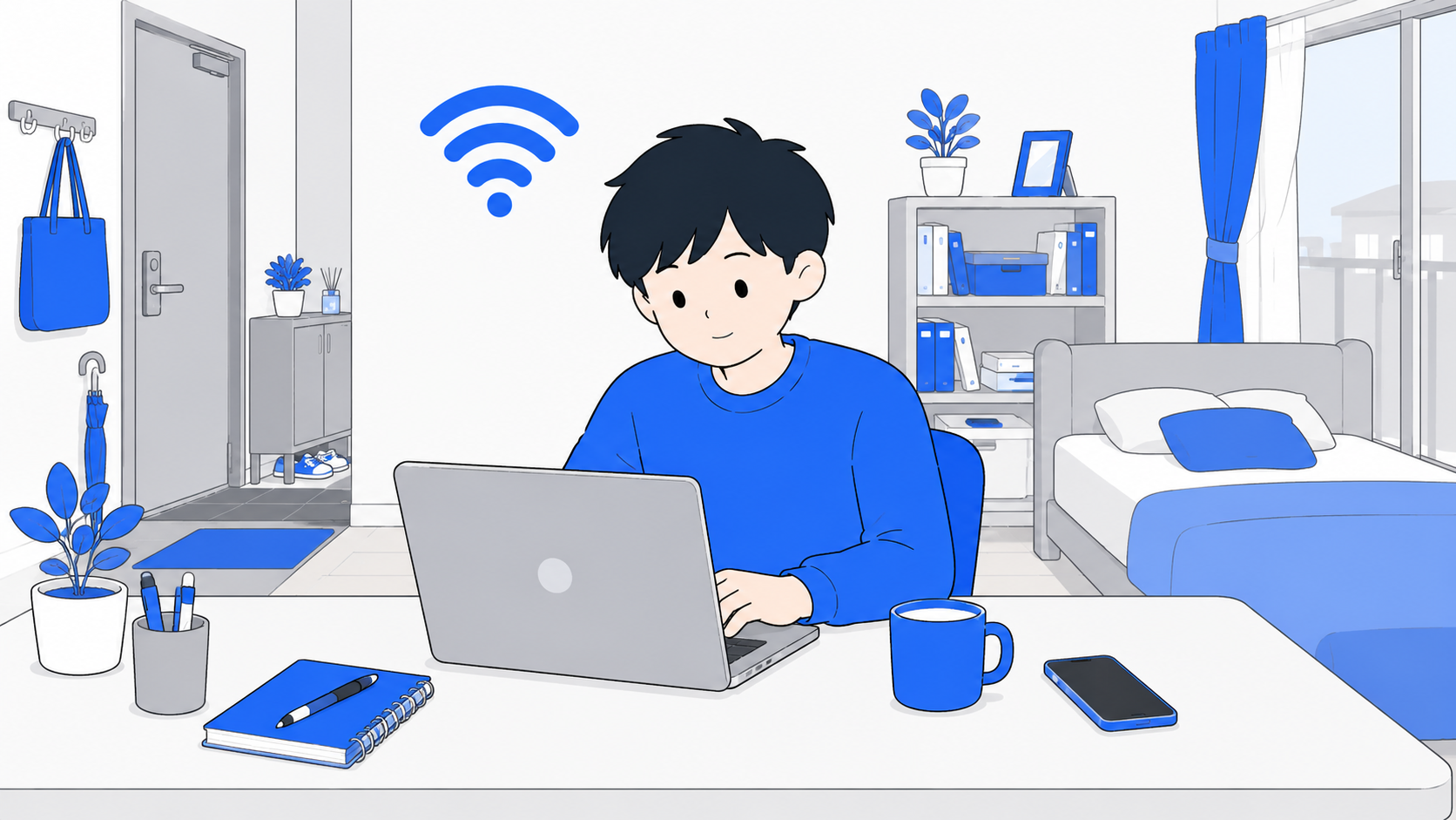 自宅のデスクで仕事をしながらネットを使う在宅ワーカーのイラスト