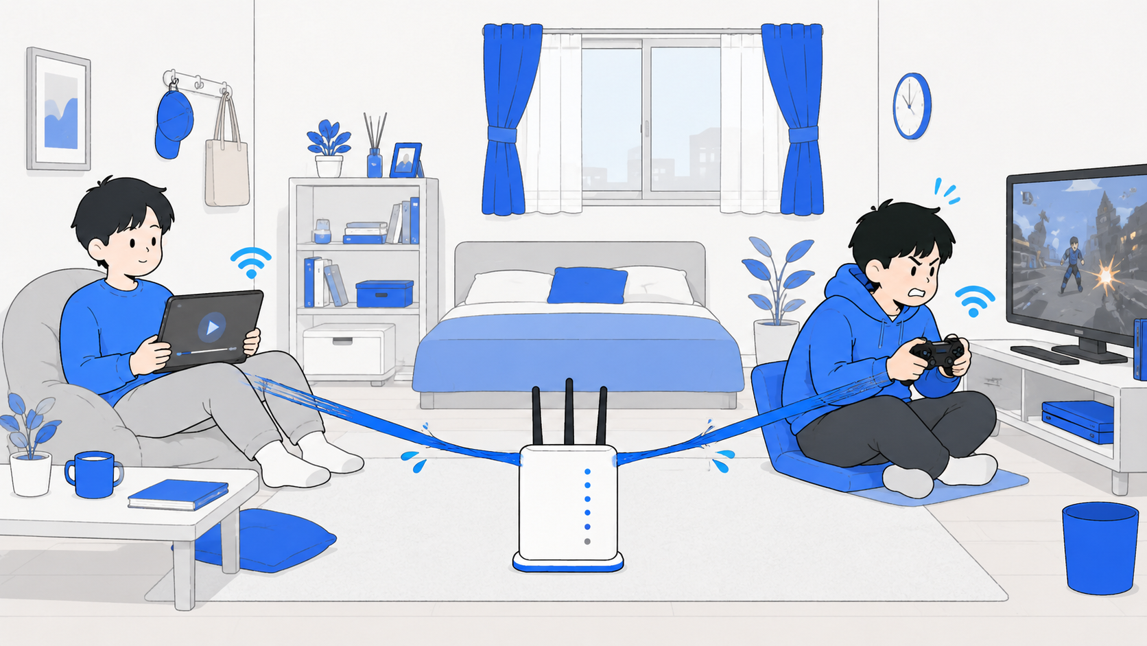家族が同時に動画とゲームで回線を使う様子のイラスト