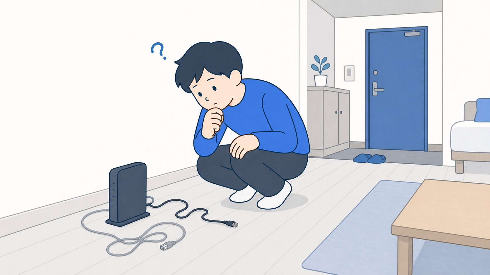 引っ越し先に残されたルーターを確認する人のイラスト